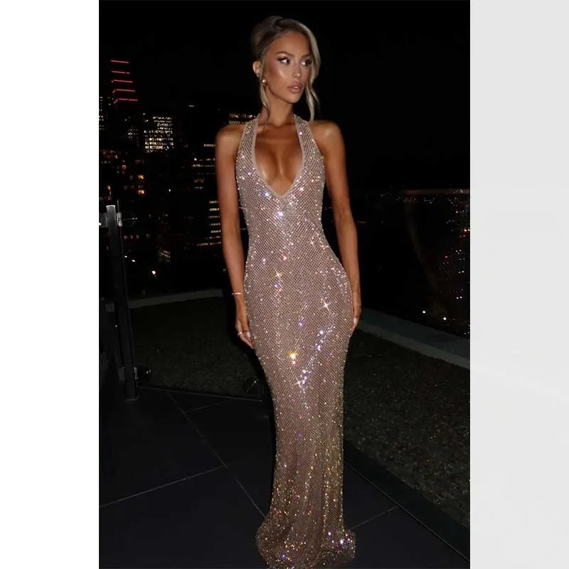 Townlike Backless Sequin Nightclub Sexy Party Dress Women Halter 2025 Spring Summer Dress Slim Bodycon Maxi Long Dresses