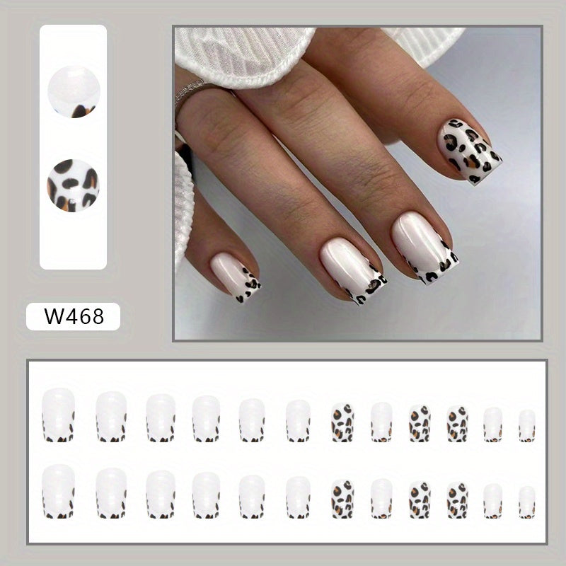 Leopard Print Press On Nails, Short Square Glue On Nails, Glossy Fake Nails For Women And Girls, 24 Pcs