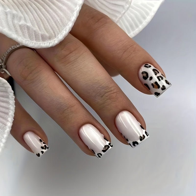 Leopard Print Press On Nails, Short Square Glue On Nails, Glossy Fake Nails For Women And Girls, 24 Pcs