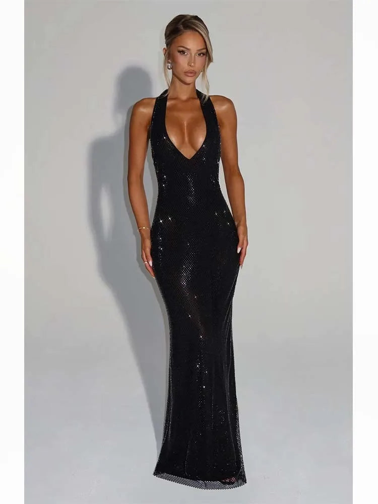 Townlike Backless Sequin Nightclub Sexy Party Dress Women Halter 2025 Spring Summer Dress Slim Bodycon Maxi Long Dresses